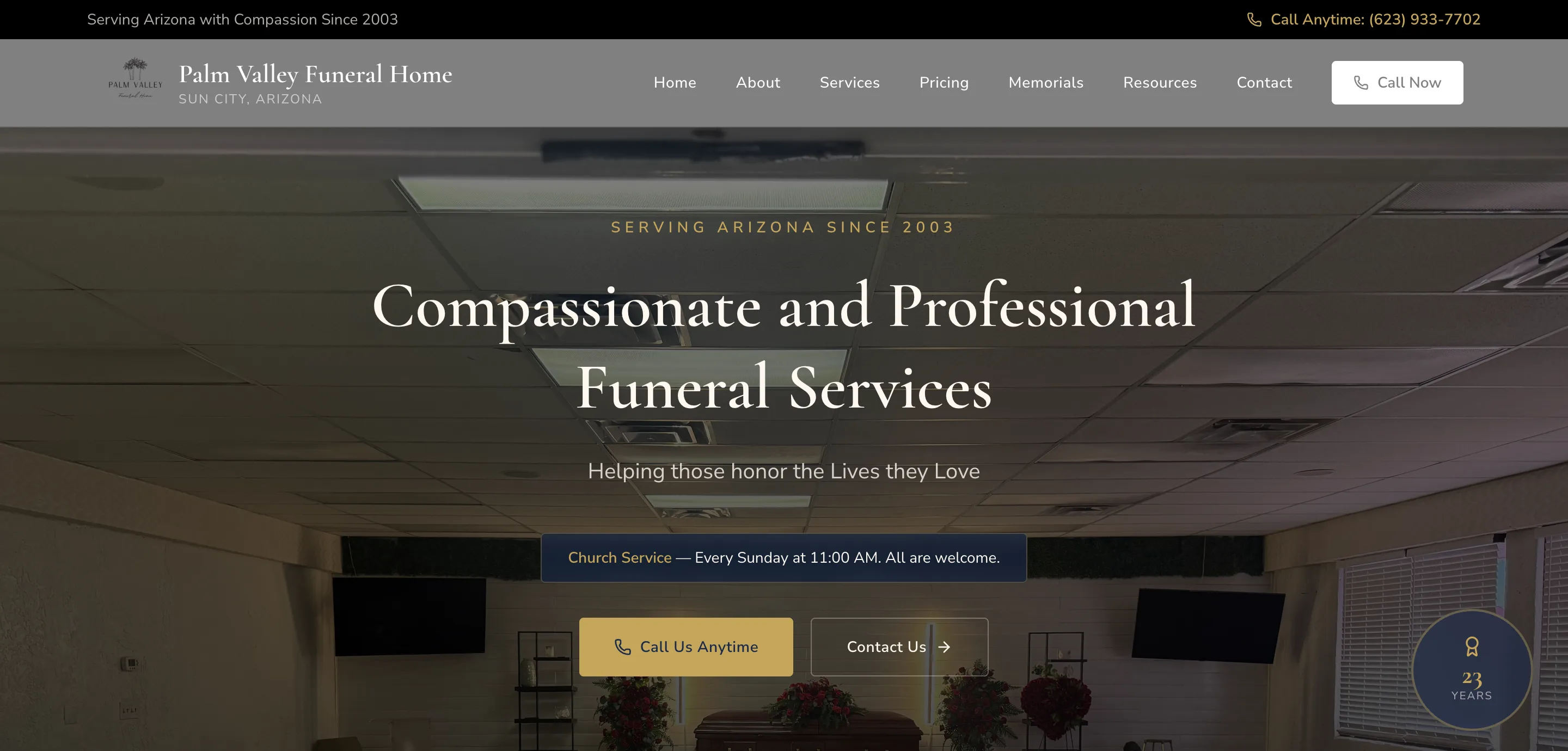 Palm Valley Funeral Home website screenshot