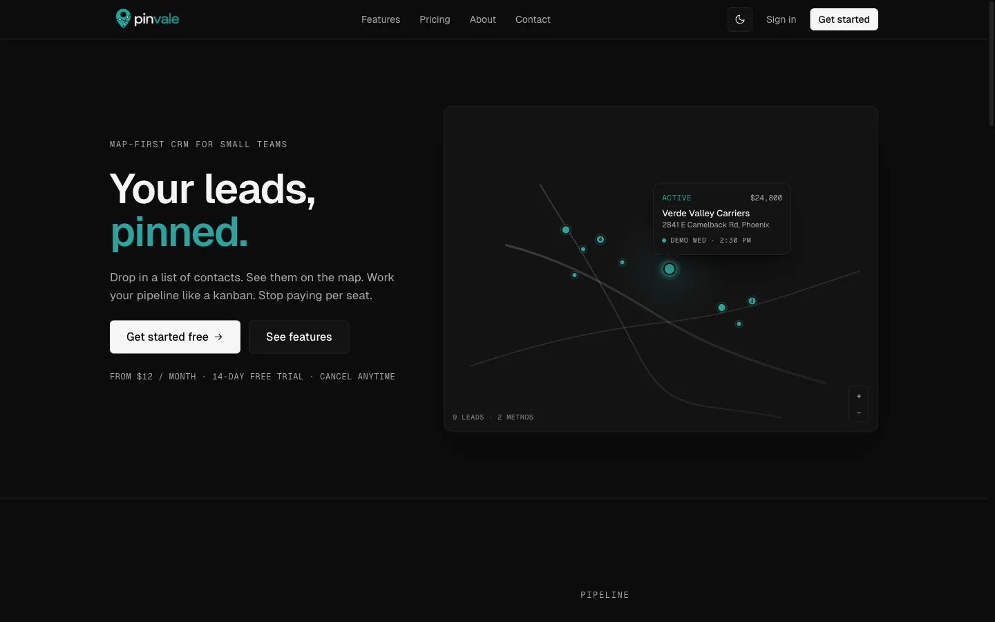 Pinvale website screenshot, MAP-FIRST CRM