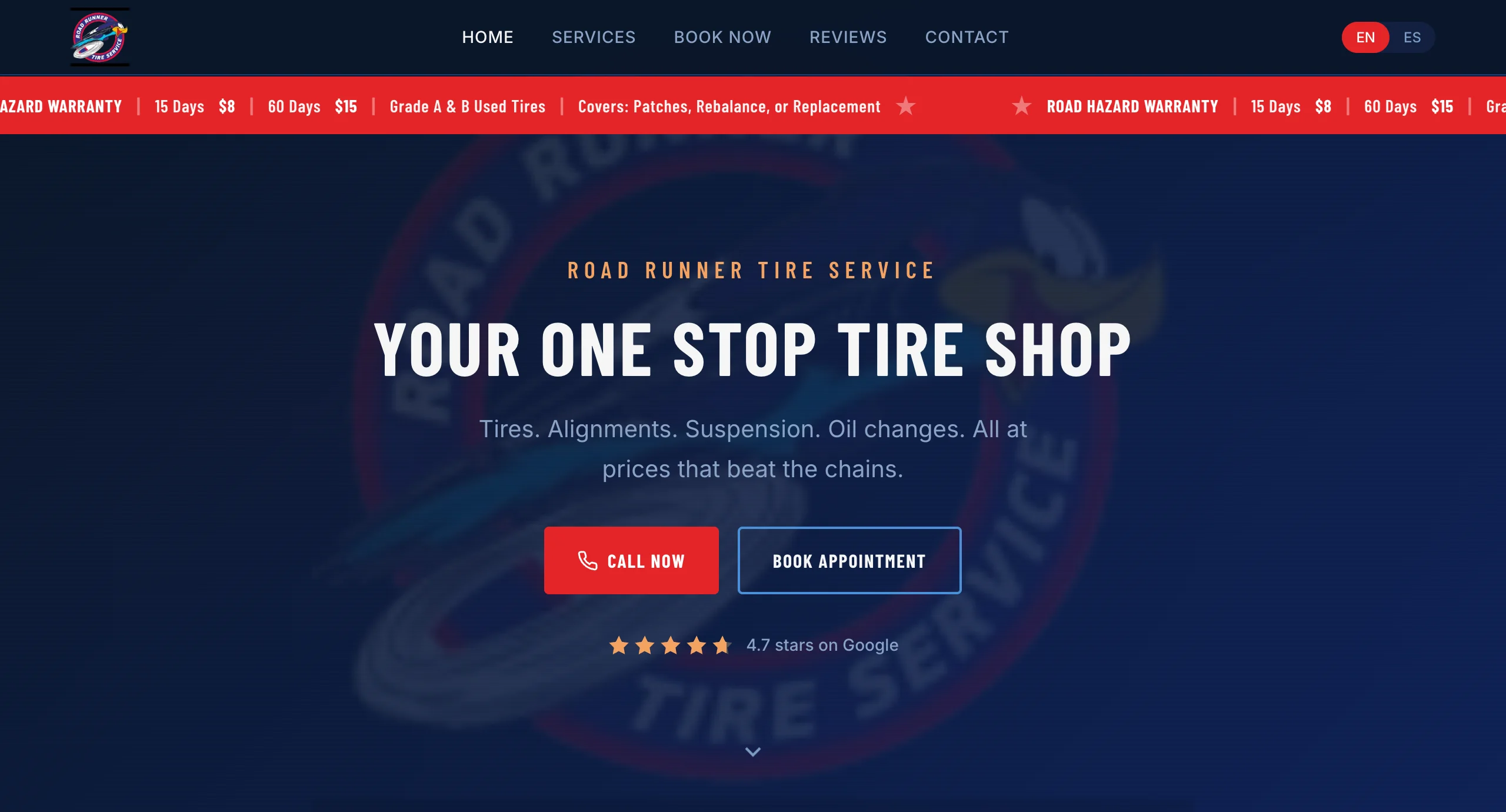 Roadrunner Tire Service website screenshot